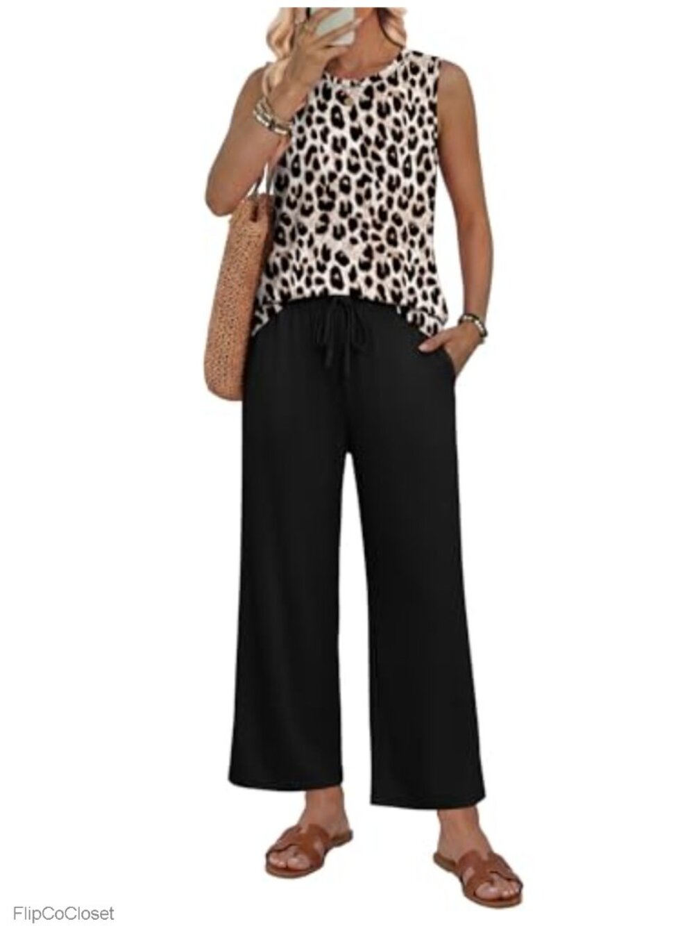Women's 2 Piece Lounge Set Bohemian Print Sleeveless Tank & Wide Leg Pants